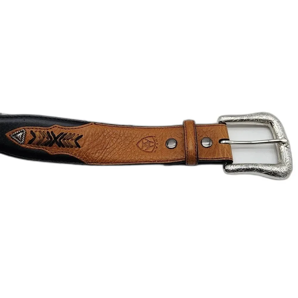 Ariat Men's Black & Brown Leather Belt Silver Embellishments size 36 - Picture 3 of 6